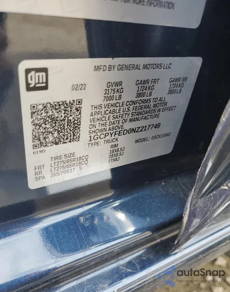 2022 Chevrolet Silverado Ltd K1500 Lt Trail Boss z USA, uszkodzony, nr VIN 1GCPYFED0NZ217749